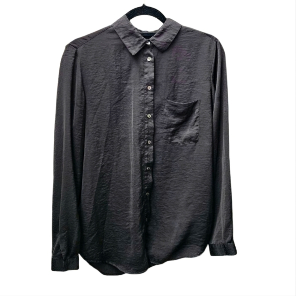 🔥Avec Les Filles Silk Black Button-down Long Sleeved Womans Blouse Shirt Small